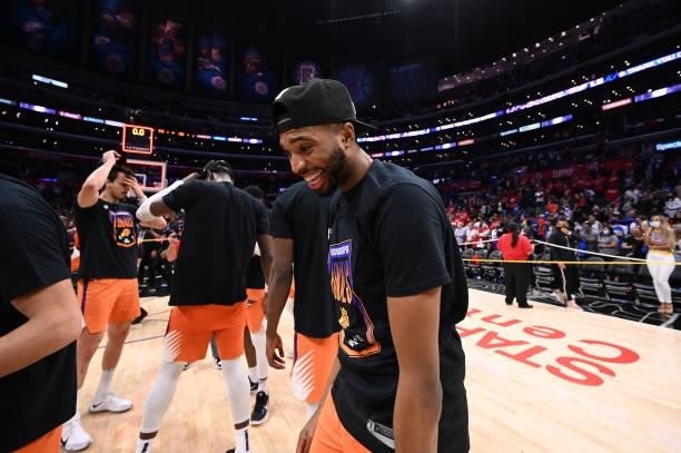 Mikal Bridges of the Phoenix Suns celebrates during Game 6 of the Western Conference Finals of the 2021 NBA Playoffs on June 30, 2021 at STAPLES...