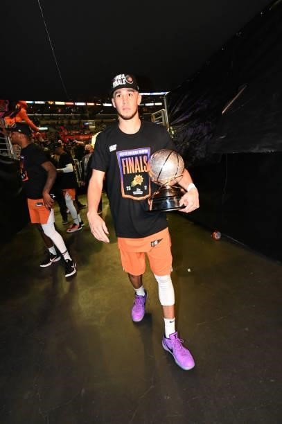 Devin Booker of the Phoenix Suns leaves the arena after winning the Western Conference Finals of the 2021 NBA Playoffs on June 30, 2021 at STAPLES...