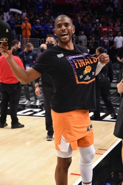 Chris Paul of the Phoenix Suns celebrates winning the Western Conference Finals of the 2021 NBA Playoffs on June 30, 2021 at STAPLES Center in Los...