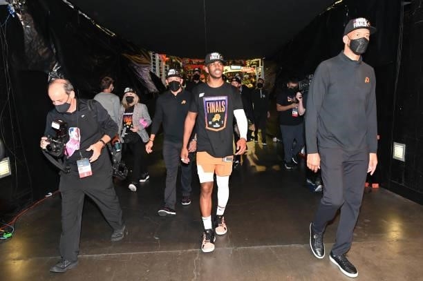 Chris Paul of the Phoenix Suns leaves the arena after winning the Western Conference Finals of the 2021 NBA Playoffs on June 30, 2021 at STAPLES...