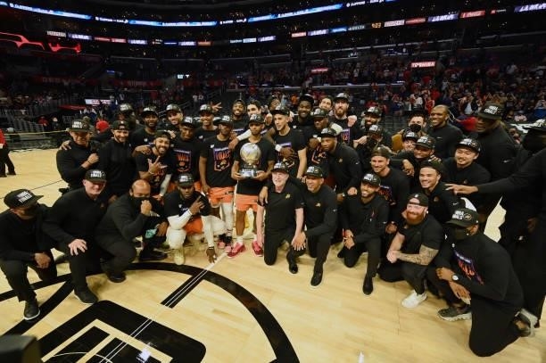 The Phoenix Suns pose for a photo after winning the Western Conference Finals of the 2021 NBA Playoffs on June 30, 2021 at STAPLES Center in Los...