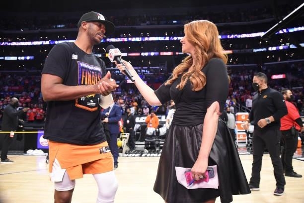 Chris Paul of the Phoenix Suns interviews with ESPN sideline reporter, Rachel Nichols after winning the Western Conference Finals of the 2021 NBA...