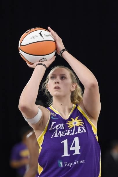 Lauren Cox of the Los Angeles Sparks shoots a free throw against the Las Vegas Aces on June 30, 2021 at the Los Angeles Convention Center in Los...