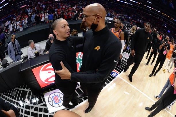 Head Coach Monty Williams of the Phoenix Suns hugs Head Coach Tyronn Lue of the Los Angeles Clippers after Game 6 of the Western Conference Finals of...