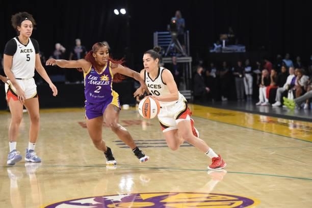 Te'a Cooper of the Los Angeles Sparks plays defense on Kelsey Plum of the Las Vegas Aces on June 30, 2021 at the Los Angeles Convention Center in Los...