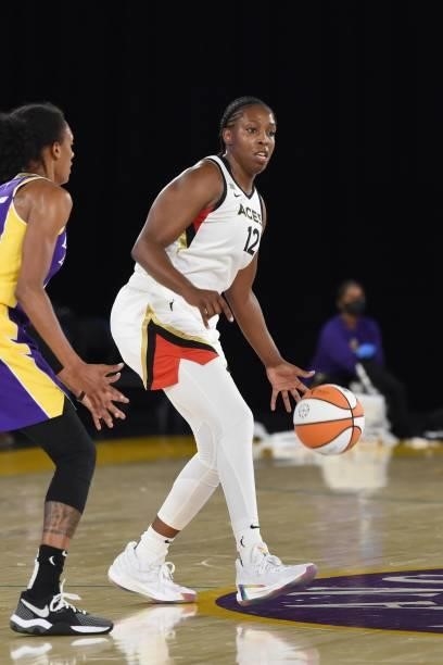 Chelsea Gray of the Las Vegas Aces handles the ball against the Los Angeles Sparks on June 30, 2021 at the Los Angeles Convention Center in Los...