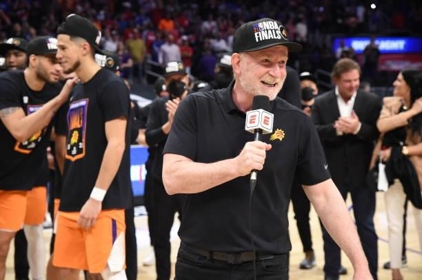 Owner, Robert Sarver of the Phoenix Suns interviews after Game 6 of the Western Conference Finals of the 2021 NBA Playoffs on June 30, 2021 at...