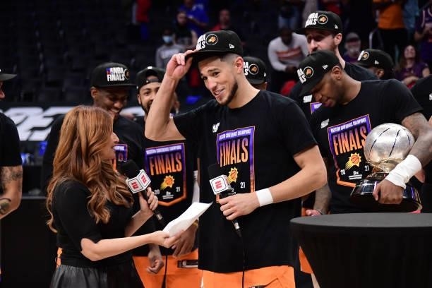 Devin Booker of the Phoenix Suns is interviewed with ESPN sideline reporter, Rachel Nichols after the game during Game 6 of the Western Conference...