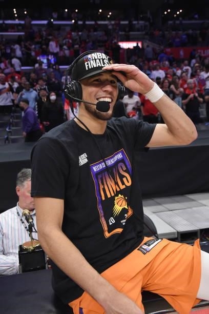 Devin Booker of the Phoenix Suns interviews after winning the Western Conference Finals of the 2021 NBA Playoffs on June 30, 2021 at STAPLES Center...