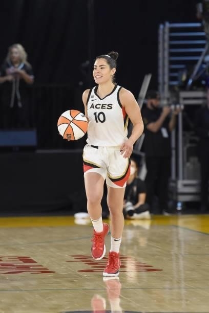 Kelsey Plum of the Las Vegas Aces handles the ball against the Los Angeles Sparks on June 30, 2021 at the Los Angeles Convention Center in Los...