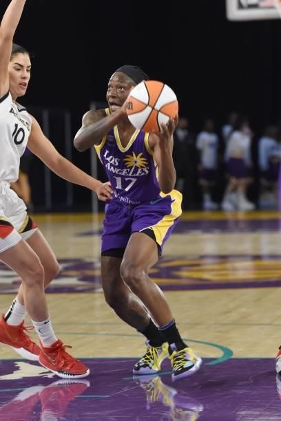 Erica Wheeler of the Los Angeles Sparks drives to the basket against the Las Vegas Aces on June 30, 2021 at the Los Angeles Convention Center in Los...