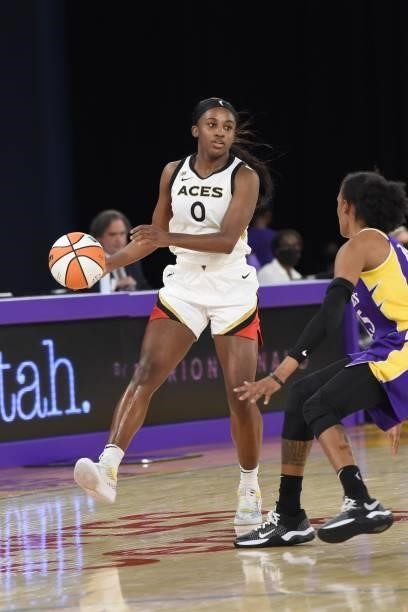 Jackie Young of the Las Vegas Aces handles the ball against the Los Angeles Sparks on June 30, 2021 at the Los Angeles Convention Center in Los...