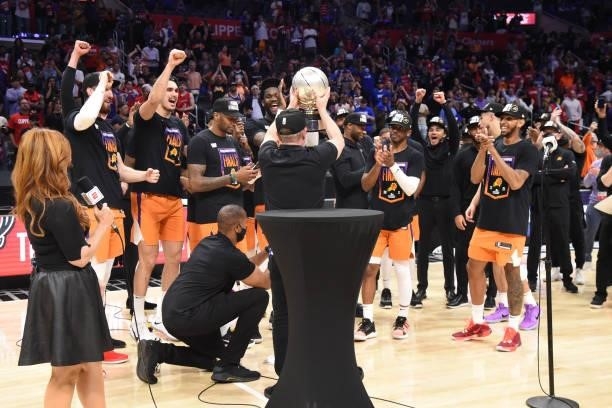 Owner, Robert Sarver presents the Western Conference Finals trophy to the Phoenix Suns after Game 6 of the Western Conference Finals of the 2021 NBA...