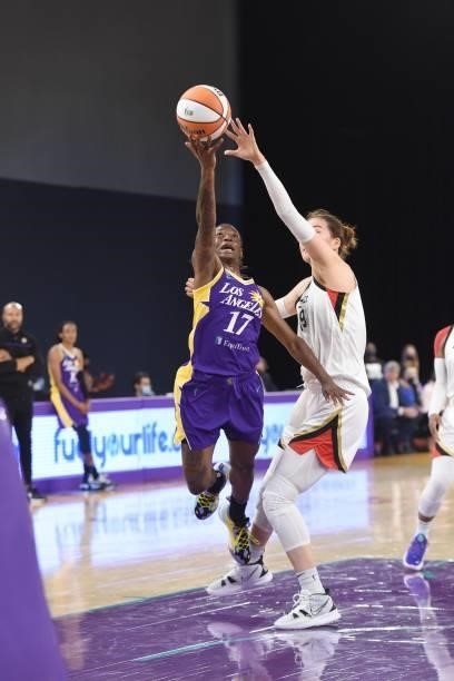 Erica Wheeler of the Los Angeles Sparks shoots the ball against the Las Vegas Aces on June 30, 2021 at the Los Angeles Convention Center in Los...