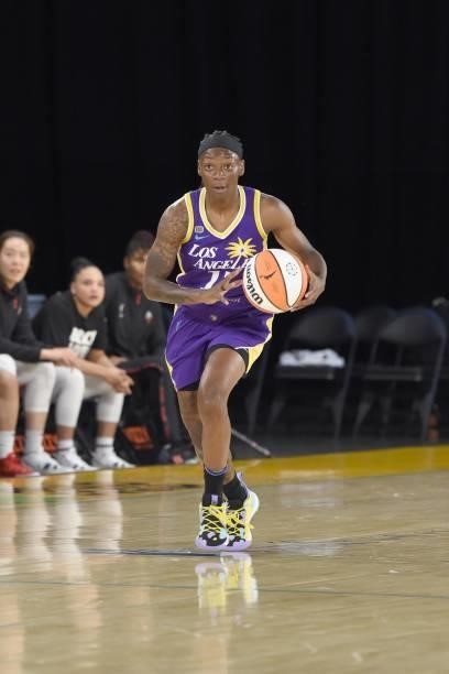 Erica Wheeler of the Los Angeles Sparks handles the ball against the Las Vegas Aces on June 30, 2021 at the Los Angeles Convention Center in Los...