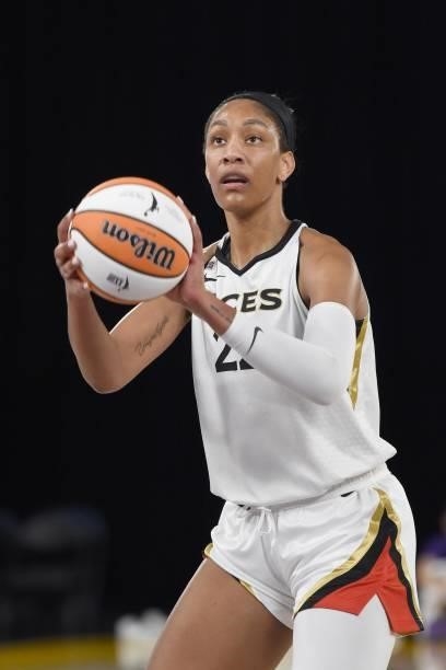 Ja Wilson of the Las Vegas Aces shoots a free throw against the Los Angeles Sparks on June 30, 2021 at the Los Angeles Convention Center in Los...