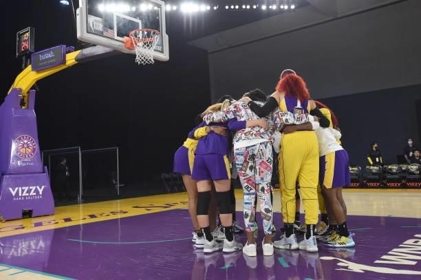 The Los Angeles Sparks huddle up before the game against the Las Vegas Aces on June 30, 2021 at the Los Angeles Convention Center in Los Angeles,...
