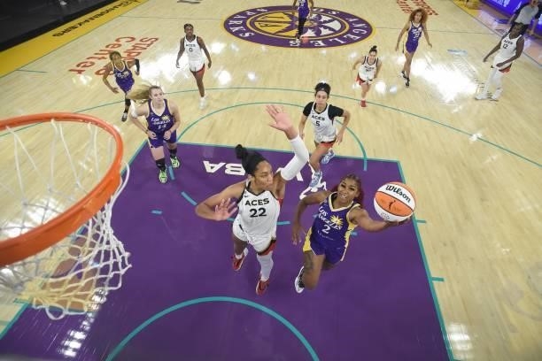 Te'a Cooper of the Los Angeles Sparks shoots the ball against the Las Vegas Aces on June 30, 2021 at the Los Angeles Convention Center in Los...