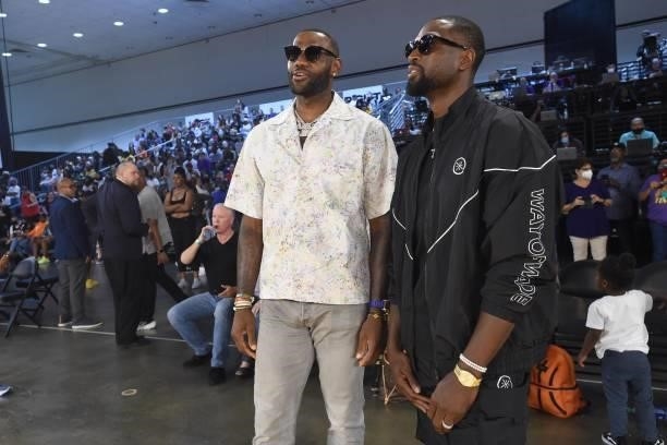 LeBron James of the Los Angeles Lakers and former NBA player Dwyane Wade attend the game between the Las Vegas Aces and the Los Angeles Sparks on...