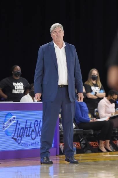 Head Coach Bill Laimbeer of the Las Vegas Aces looks on during the game against the Los Angeles Sparks on June 30, 2021 at the Los Angeles Convention...