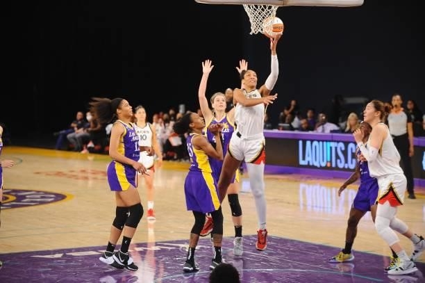 Ja Wilson of the Las Vegas Aces shoots the ball against the Los Angeles Sparks on June 30, 2021 at the Los Angeles Convention Center in Los Angeles,...