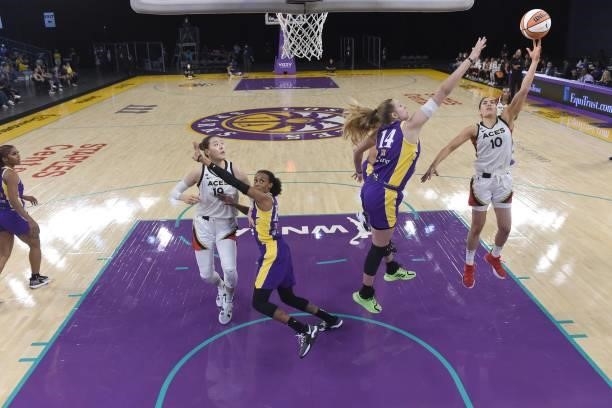 Kelsey Plum of the Las Vegas Aces shoots the ball against the Los Angeles Sparks on June 30, 2021 at the Los Angeles Convention Center in Los...