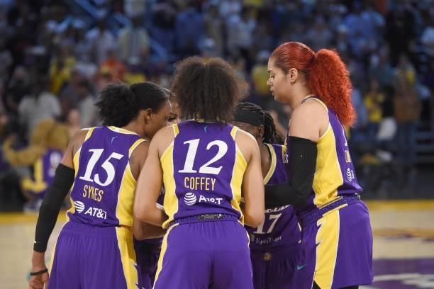 The Los Angeles Sparks huddle up before the game against the Las Vegas Aces on June 30, 2021 at the Los Angeles Convention Center in Los Angeles,...
