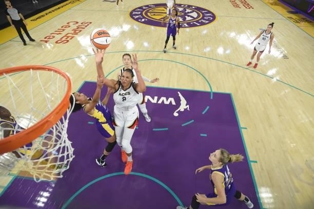 Liz Cambage of the Las Vegas Aces shoots the ball against the Los Angeles Sparks on June 30, 2021 at the Los Angeles Convention Center in Los...