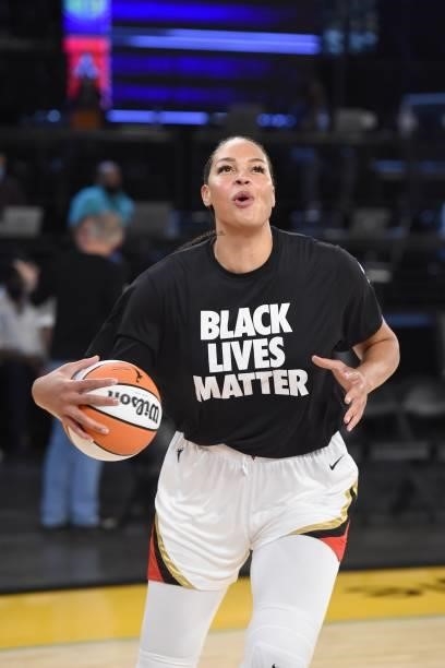 Liz Cambage of the Las Vegas Aces handles the ball before the game against the Los Angeles Sparks on June 30, 2021 at the Los Angeles Convention...
