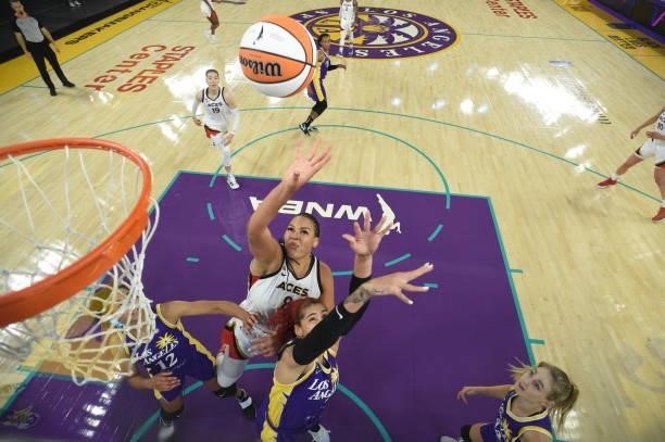 Liz Cambage of the Las Vegas Aces shoots the ball against the Los Angeles Sparks on June 30, 2021 at the Los Angeles Convention Center in Los...