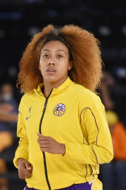 Arella Guirantes of the Los Angeles Sparks looks on before the game against the Las Vegas Aces on June 30, 2021 at the Los Angeles Convention Center...