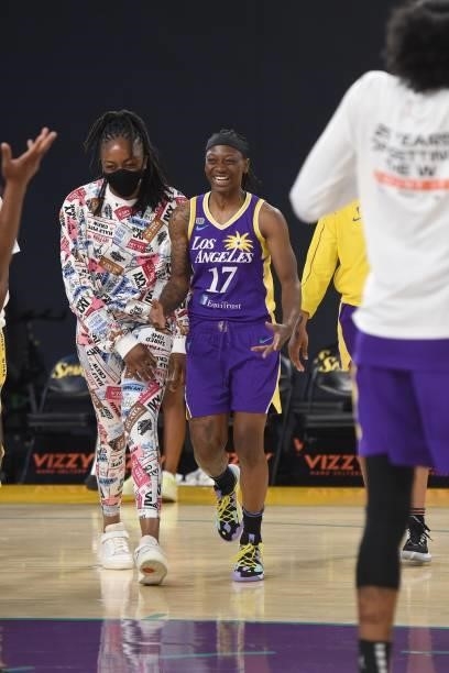 Erica Wheeler of the Los Angeles Sparks and teammate Nneka Ogwumike smile before the game against the Las Vegas Aces on June 30, 2021 at the Los...