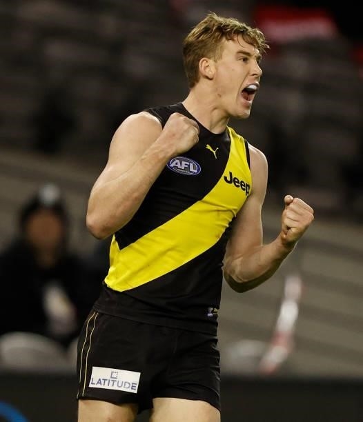 Tom J. Lynch of the Tigers celebrates a goal during the 2021 AFL Round 16 match between the Gold Coast Suns and the Richmond Tigers at Marvel Stadium...