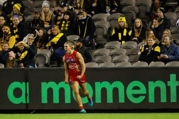 Jeremy Sharp of the Suns celebrates a goal during the 2021 AFL Round 16 match between the Gold Coast Suns and the Richmond Tigers at Marvel Stadium...