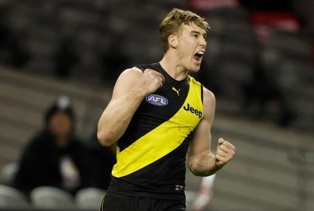 Tom J. Lynch of the Tigers celebrates a goal during the 2021 AFL Round 16 match between the Gold Coast Suns and the Richmond Tigers at Marvel Stadium...