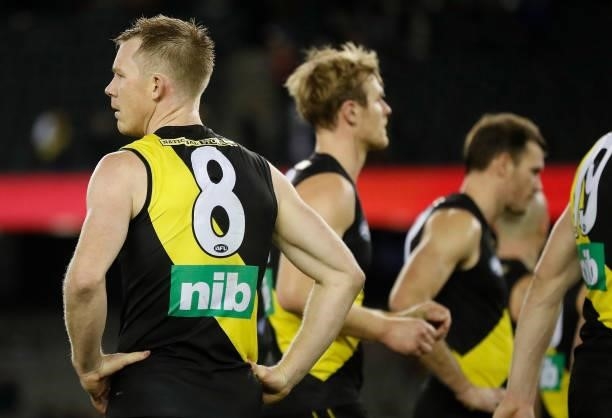 Jack Riewoldt of the Tigers looks dejected after a loss during the 2021 AFL Round 16 match between the Gold Coast Suns and the Richmond Tigers at...