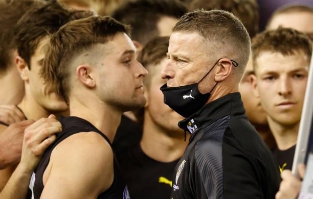 Damien Hardwick, Senior Coach of the Tigers looks on during the 2021 AFL Round 16 match between the Gold Coast Suns and the Richmond Tigers at Marvel...