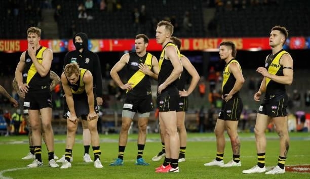 The Tigers look dejected after a loss during the 2021 AFL Round 16 match between the Gold Coast Suns and the Richmond Tigers at Marvel Stadium on...
