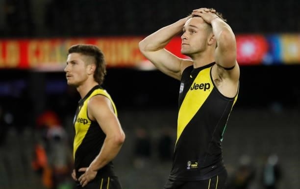 Jayden Short of the Tigers looks dejected after a loss during the 2021 AFL Round 16 match between the Gold Coast Suns and the Richmond Tigers at...