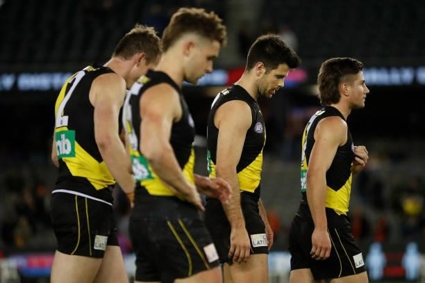 Trent Cotchin of the Tigers looks dejected after a loss during the 2021 AFL Round 16 match between the Gold Coast Suns and the Richmond Tigers at...