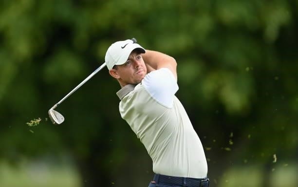 Kilkenny , Ireland - 1 July 2021; Rory McIlroy of Northern Ireland watches his second shot on the first hole during day one of the Dubai Duty Free...
