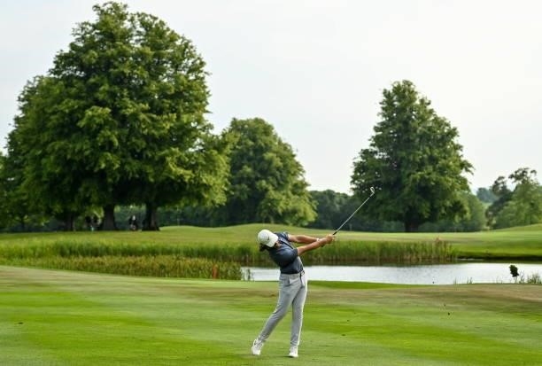 Kilkenny , Ireland - 1 July 2021; Tommy Fleetwood of England plays a shot from the 18th fairway during day one of the Dubai Duty Free Irish Open Golf...