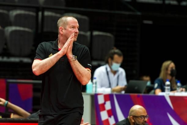 Germanys head coach Henrik Rodl reacts during the 2020 FIBA Men's Olympic Qualifying Tournament game between Russia and Germany at Spaladium Arena on...