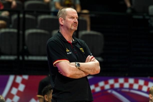 Germanys head coach Henrik Rodl looks on during the 2020 FIBA Men's Olympic Qualifying Tournament game between Russia and Germany at Spaladium Arena...