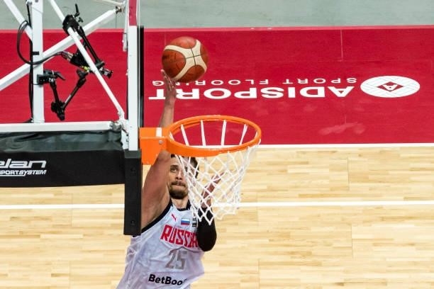 Anton Astapkovich of Russia making a shot during the 2020 FIBA Men's Olympic Qualifying Tournament game between Russia and Germany at Spaladium Arena...