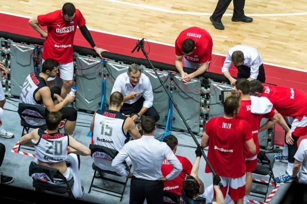 Russias head coach Sergey Bazarevich during a time out during the 2020 FIBA Men's Olympic Qualifying Tournament game between Russia and Germany at...