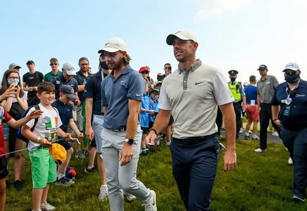 Kilkenny , Ireland - 1 July 2021; Rory McIlroy of Northern Ireland, right, and Tommy Fleetwood of England after finishing their round on day one of...