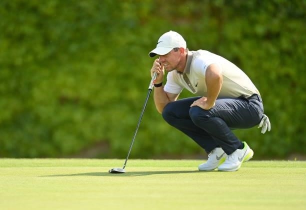 Kilkenny , Ireland - 1 July 2021; Rory McIlroy of Northern Ireland lines up a putt on the 17th green during day one of the Dubai Duty Free Irish Open...
