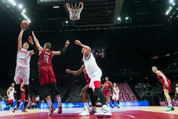 Andrey Vorontsevich of Russia making a shot during the 2020 FIBA Men's Olympic Qualifying Tournament game between Russia and Germany at Spaladium...