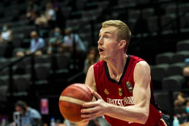 Niels Giffey of Germany reacting during the 2020 FIBA Men's Olympic Qualifying Tournament game between Russia and Germany at Spaladium Arena on July...